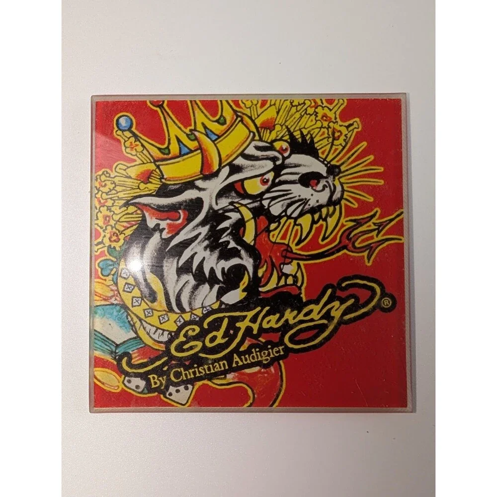 Ed Hardy Christian Audigier Glass Art Tiles Coasters Skull Dog Decor Set of 2